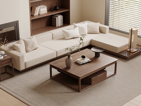 宋式多人沙发组合 L型沙发 沙发茶几组合 木制茶几su模型