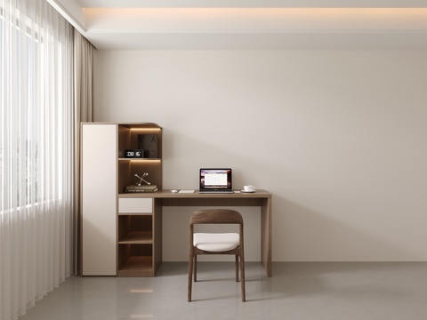  现代简约卧室书桌小户型中古风书桌书架一体3d模型 