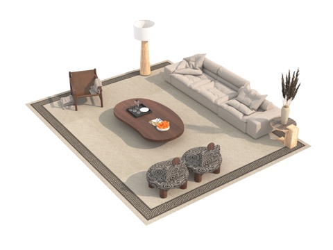  中古风沙发茶几组合3d模型 