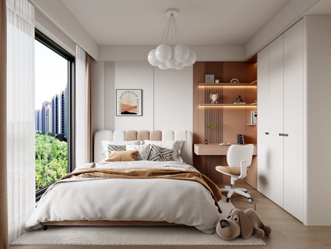  现代儿童房卧室 女孩房 书桌衣柜一体  儿童床 床头背景墙3d模型 