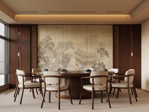 新中式包间 包房 包厢 餐桌椅su模型