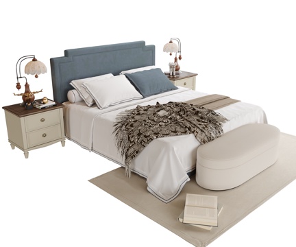  现代双人床 床头柜su模型 