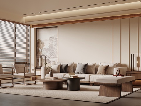  宋式禅意客厅 沙发茶几组合 沙发背景墙3d模型 