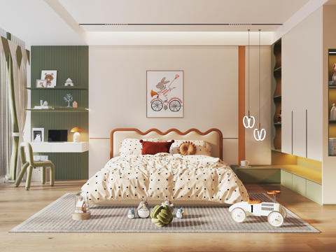  现代通用儿童房 床头背景墙 儿童衣柜 儿童床 儿童房窗帘3d模型 