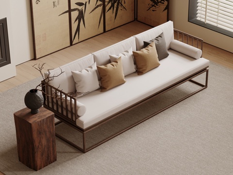  新中式罗汉床 多人沙发 木制沙发 布艺沙发3d模型 