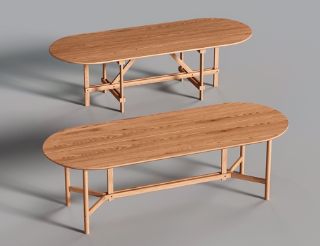  中古实木餐桌 长方形圆弧餐桌3d模型 