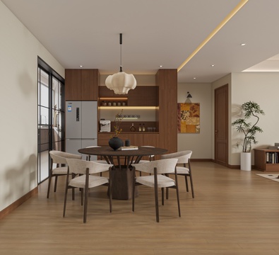  中古风简约圆桌餐厅3d模型 