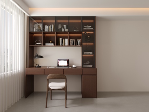  现代简约卧室书桌小户型中古风书桌书架一体3d模型 