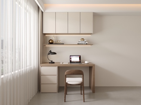  现代简约卧室床尾靠墙书桌书架一体3d模型 