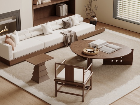 新中式沙发 新中式沙发 多人沙发 直排沙发 沙发茶几组合su模型