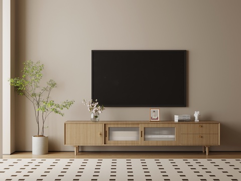 现代原木电视柜su模型