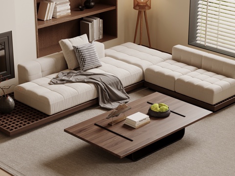  宋式多人沙发 直排沙发茶几组合 布艺沙发 木制茶几 长形茶几3d模型 