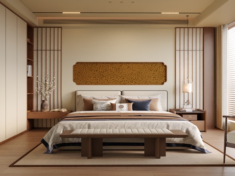 现代卧室 双人床 床尾凳su模型