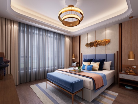  后现代卧室主人房 吊灯 双人床 床尾凳 台灯 装饰物 装饰柜3d模型 