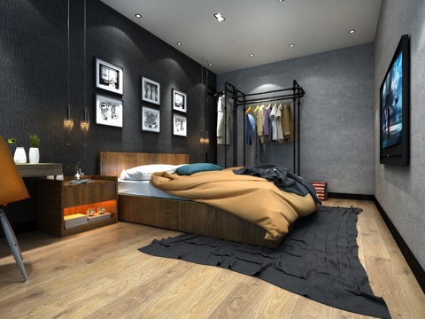  工业风家装卧室 吊灯 挂画 双人床 书桌椅 衣架3d模型 