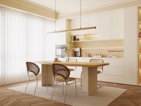  奶油风餐厅 餐桌椅 备餐柜3d模型 