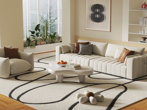  奶油风客厅3d模型 