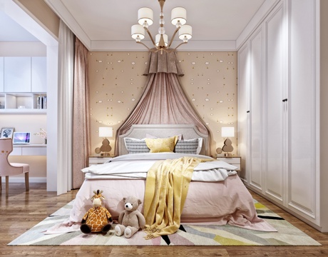  现代女孩儿童房 吊灯 双人床 台灯 衣橱 玩具 书桌椅 书架3d模型 