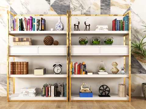  新中式书架 饰品 植物3d模型 