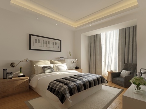  原创北欧卧室  北欧床   北欧床头柜  北欧壁灯  高3d模型 