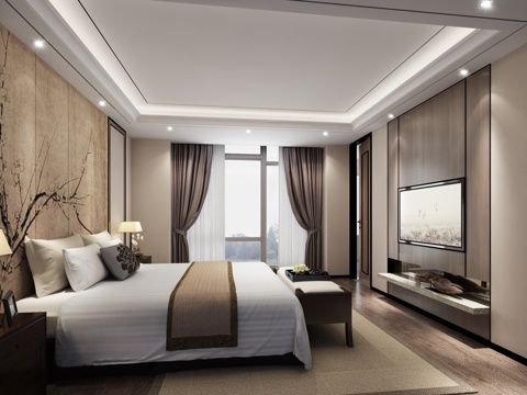  新中式主卧室 台灯 装饰柜 摆件 双人床 床尾凳3d模型 