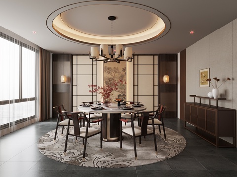 新中式餐厅 餐桌椅su模型