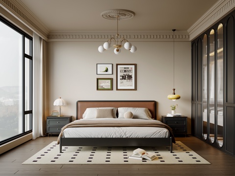  法式中古风卧室 实木双人床 床头柜 吊灯挂画 地毯3d模型 