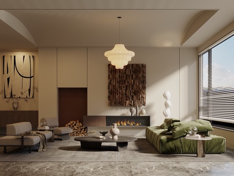  中古侘寂风客厅 沙发茶几组合 沙发背景墙 玄关柜 吊灯 挂画3d模型 