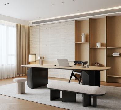  侘寂奶油风书房 开放式书房3d模型 