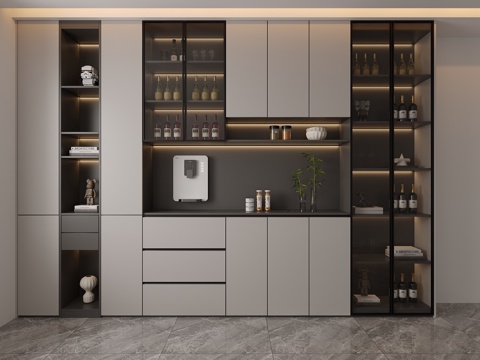  餐边柜玻璃门一体整墙现代简约玄关柜茶水柜客厅餐厅酒柜储物柜子3d模型 