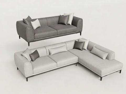  现代简约布艺沙发组合 直排L型 豆腐块模块 客厅沙发组合su模型 
