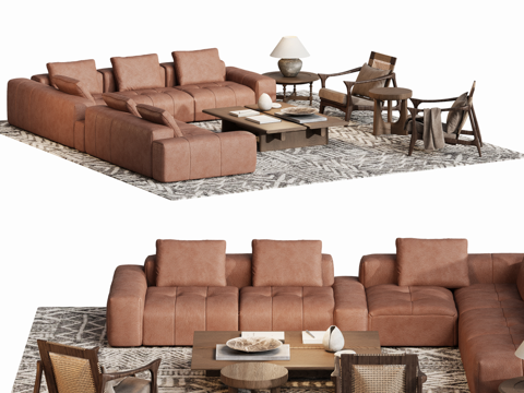 客厅中古皮沙发茶几组合su模型