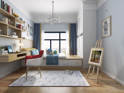  现代书房 榻榻米床 柜子 画 书桌椅3d模型 