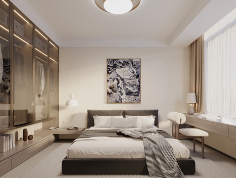  现代侘寂风卧室 主卧室 民宿 双人床 飘窗柜 吊灯 衣柜3d模型 