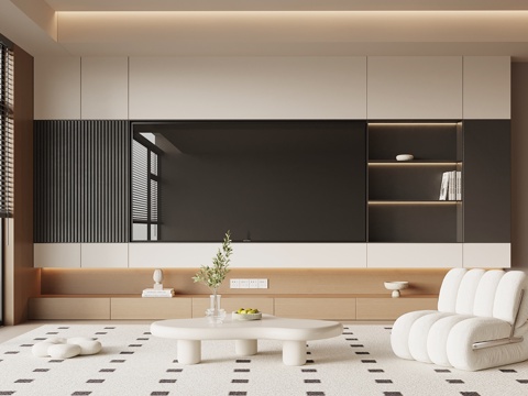 奶油风客厅 电视背景墙su模型