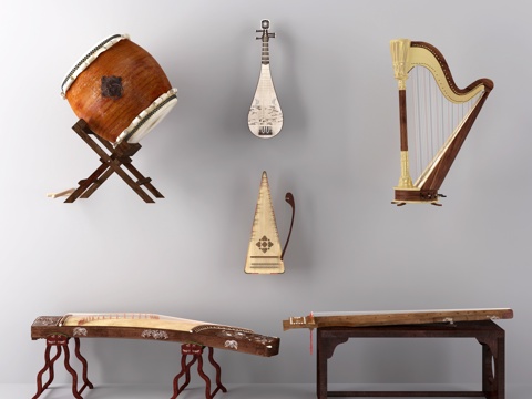  现代鼓琵古筝竖琴琵琶古琴乐器3d模型 