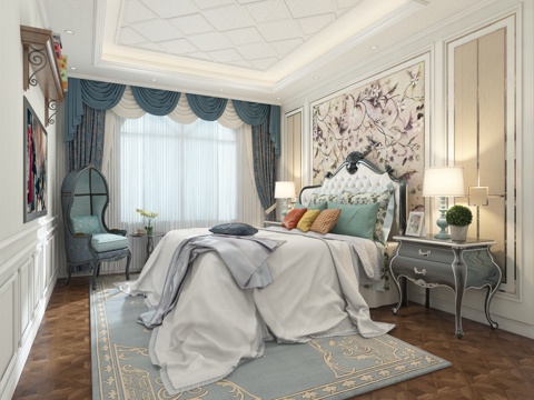  欧式简约卧室 双人床 台灯 背景墙 单人椅子3d模型 