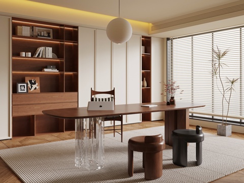 中古风书房 书桌椅 书柜su模型