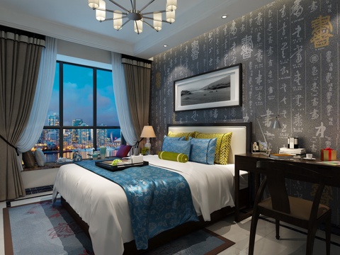  新中式卧室 吊灯 挂画 书桌椅 双人床3d模型 