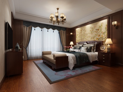  新中式卧室主人房 吊灯 双人床 床尾凳 装饰柜 摆件 挂3d模型 