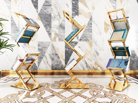  现代金属书架 书籍 绿植3d模型 