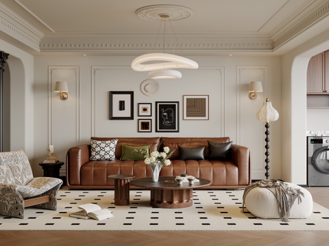  法式中古风客厅 沙发茶几 多人沙发 休闲椅 吊灯 挂画 地毯3d模型 