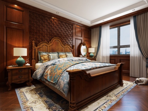  传统美式卧室 台灯 双人床 床头柜 地毯3d模型 