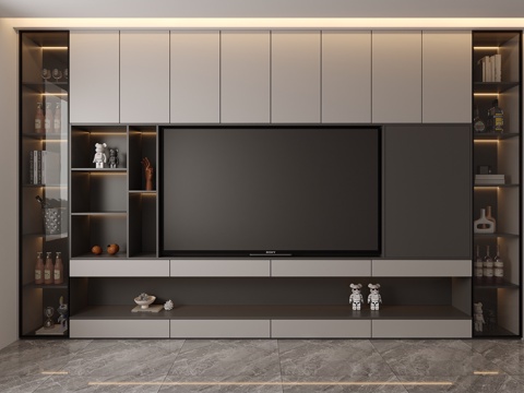  现代简约整面到顶电视柜储物柜一体背景墙柜客厅满墙组合收纳柜3d模型 
