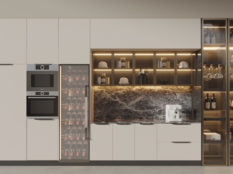  现代奶油风酒柜 餐边柜 洋酒 酒瓶 烤箱3d模型 