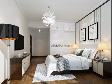  后现代卧室 吊灯 落地灯 挂画 台灯 双人床 衣橱3d模型 