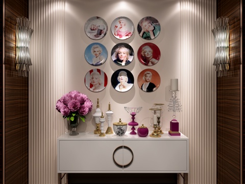  欧式新古典玄关 梦露彩色挂盘壁灯花艺装饰柜装饰品组合3d模型 