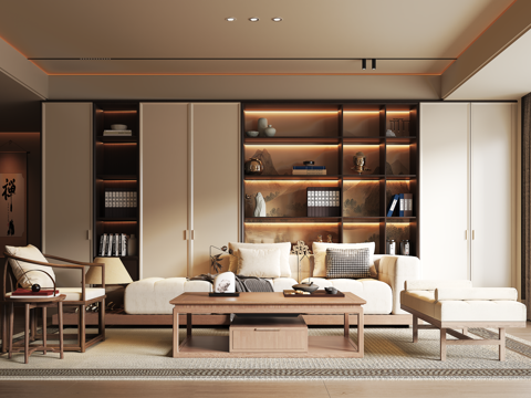  宋式客厅 沙发书柜背景墙 沙发茶几组合 装饰画3d模型 