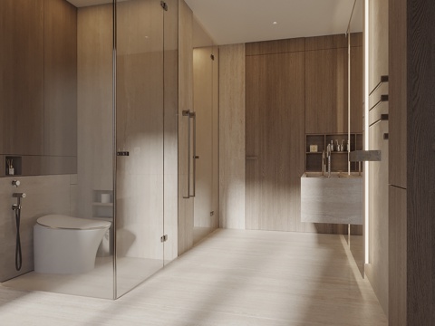  现代原木风卫生间 酒店卫生间 浴室柜 马桶花洒 卫浴用品 玻3d模型 