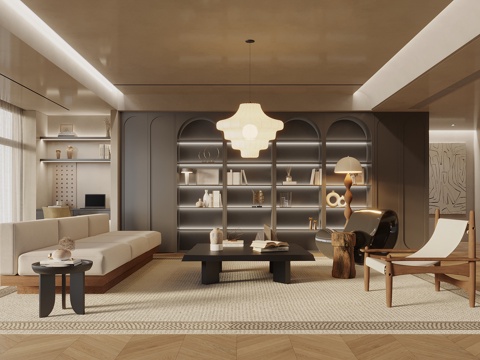  中古侘寂风客厅 沙发茶几组合 沙发背景墙 玄关柜 吊灯 挂画3d模型 